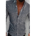 Cool Mens Shirt Vertical Striped Printed Button Up Long-Sleeved Fitted Lapel Shirt