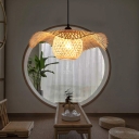 Beige Globe Shaped Pendant Asian Style Restaurant Straw Hat Bamboo 1-Bulb Hanging Lamp
