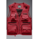 Cool Guy's Vest Solid Color Cargo Pockets Sleeveless Zip up V-Neck Regular Fit Vest