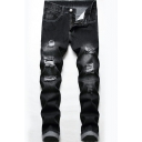 Classic Mens Jeans Dark Wash Distressed Zipper Fly Full Length Slim Fit Jeans