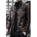 Men Cool Leather Jacket Plain PU Stand Collar Zip-Fly Pocket Detailed Slim Fitted Leather Jacket