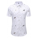 Men Simple Shirt Plaid Printed Turn Down Collar Button-up Short Sleeves Slim Fit Shirt