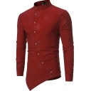 Creative Men's Shirt Button Closure Pure Color Long Sleeve Stand Collar Fitted Shirt