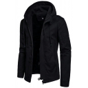 Men Popular Jacket Pure Color Button Detail Zip Closure Long Sleeve Fitted Hooded Jacket