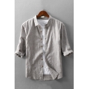 Casual Men Linen Shirt Solid Color Button-up Shirt Half-sleeved Turn-down Collar