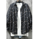 Trendy Mens Shirt All over Floral Printed Long Sleeve Turn Down Collar Button Up Loose Shirt in Black