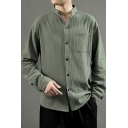 Vintage Shirt Solid Color Pocket Decorated Long Sleeves Stand Collar Button down Relaxed Shirt Top for Men