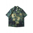 Men Casual Green Shirt Painting Print Button-down Notch Collar Front Pocket Short-sleeved Regular Shirt