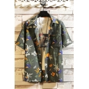Leisure Shirt Tropical Leaf Pattern Button Detailed Short Sleeve Lapel Loose Shirt for Men