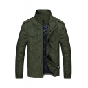 Casual Jacket Solid Color Zip-Fly Long Sleeve Stand Collar Fitted Jacket for Men