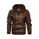 Cool Men's Leather Jacket Solid Color Zip-Fly Long Sleeves Pocket Detail Hooded Slim Fit Leather Jacket