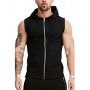 Sporty Hooded Vest Pure Color Sleeveless Drawstrings Zip Closure Slim Fit Vest for Men