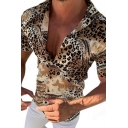 Men Chic Shirt Leopard Print Notch Collar Button Closure Short-sleeved Slim Fitted Shirt