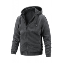 Men Leisure Jacket Pure Color Ribbed Trim Zip-Fly Long Sleeves Fitted Hooded Jacket