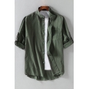 Men Modern Shirt Button Closure Solid Color Front Pocket Half-sleeved Collarless Fitted Shirt