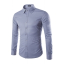 Formal Men's Shirt Solid Color Long Sleeves Point Collar Button-up Slim Fitted Shirt Top