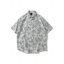 Fancy Mens Shirt All over Leaf Printed Button-up Short Sleeves Turn-down Collar Relaxed Shirt