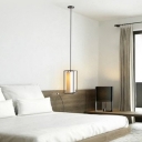 Black Frame Rectangle Pendant Modern Living Room Beige Fabric Cylinder 1-Head Hanging Lamp