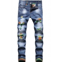 Unique Mens Jeans Color Block Medium Wash Pocket Detail Zipper Fly Ripped Slim Fit Jeans