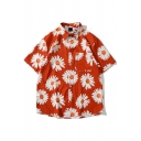 Leisure Shirt Daisy Flower All Over Pattern Short Sleeve Lapel Button-down Loose Shirt Top for Men