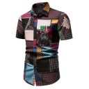 Street Style Mens Shirt Tribal Patterned Point Collar Short-sleeve Button Closure Slim Shirt