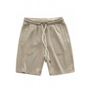 Modern Fitness Shorts Pure Color Diagonal Pockets Mid Rise over The Knee Fitted Shorts for Men