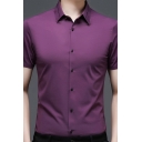 Chic Thin Section Shirt Solid Color Short-Sleeved Button Up Slim Lapel Shirt for Men