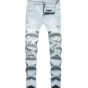 Trendy Mens Jeans Pocket Decorated Zip Closure Mid-Rise Ripped Slim Fit Jeans
