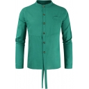 Men Simple Shirt Solid Color Stand Collar Chest Pocket Button Closure Long-sleeved Regular Fitted Shirt