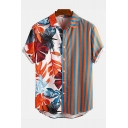 Chic Men's Shirt Stripe Pattern Leaf Print Button Closure Short Sleeves Turn-down Collar Loose Shirt