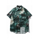 Street Style Shirt Oil Painting Printed Short Sleeve Spread Collar Button Detailed Loose Shirt for Men