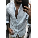 Simple Shirt Pure Color Long Sleeve Collarless Button Detailed Regular Shirt Top for Men