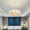 White Donut Hanging Light Modern Style Bedroom Feather LED Chandelier