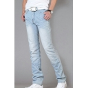 Simple Jeans Light Washing Effect Zip Closure Mid Rise Long Length Straight Jeans for Men