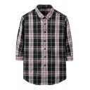 Men Popular Shirt Plaid Pattern Button-down Collar 3/4 Sleeve Loose Fit Shirt