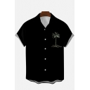 Casual Black Shirt Coconut Tree Pattern Short Sleeve Lapel Button Closure Regular Shirt for Men