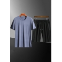 Leisure Set Stripe Print Short Sleeve Round Neck T-Shirts Drawstring Waist Shorts Two Piece Set for Men