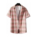 Popular Men's Shirt Plaid Printed Short-Sleeved Turn-down Collar Button Detail Loose Fitted Shirt Top
