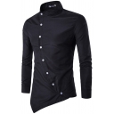 Unique Mens Shirt Plain Irregular Hem Long Sleeve Stand Collar Oblique Button Up Fitted Shirt
