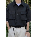Korean Style Mens Shirt Solid Color Chest Pockets Half Sleeve Spread Collar Button Up Relaxed Shirt Top