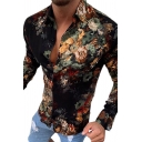 Casual Man's Shirt Button up Floral Printed Long-Sleeved Lapel Slim Fitted Shirt