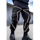 Men's Chic Pants Contrast Color Flap Pockets Reflective Line Drawstring Waist Ankle Fitted Cargo Pants