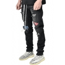 Fashionable Men's Jeans Distressed Ripped Patch Zip Closure Mid-Rise Skinny Full Length Jeans