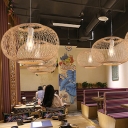 Round Bamboo Cage Asian Style 1-Bulb Pendant Beige Shade Hanging Lantern for Restaurant