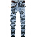 Chic Mens Jeans Hand Marks Printed Light Wash Zip Fly Slim Fit Jeans with Pockets
