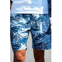 Men Leisure Drawstring Shorts Tropical Leaf Printed Elastic Waist Loose Fit Beach Shorts