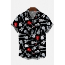 Guys Stylish Shirt Guitar All Over Printed Short Sleeve Lapel Button Closure Relaxed Fit Shirt in Black