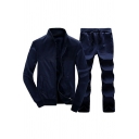 Leisure Set Pure Color Ribbed Stand Collar Zip-Fly Jacket Drawstring Waist Long Pants Two Piece Set for Men