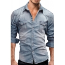 Mens Stylish Shirt Bleach Solid Color Roll Up Sleeve Flap Pockets Turn Down Collar Denim Shirt
