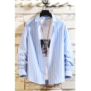 Chic Shirt Stripe Printed Long Sleeve Turn Down Collar Button Up Regular Fit Shirt for Men